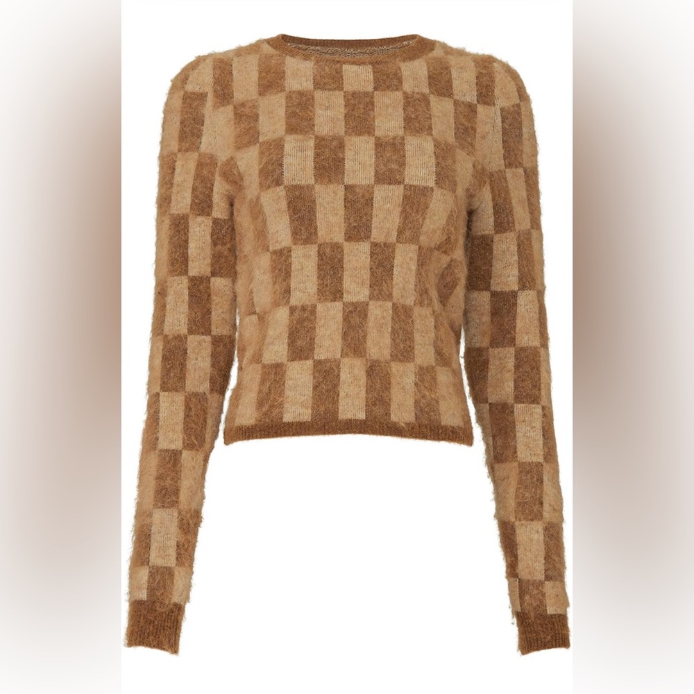 Nanushka Brown and Tan Checkerboard Fuzzy Crewneck Sweater